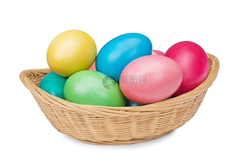 喜庆的白底被孤立摇篮中多彩色复活节鸡蛋快乐的绿色图片
