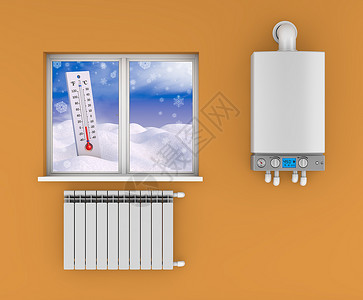 壁挂式家庭展示气候窗户3d中装有散热器和温度计的燃气锅炉设计图片