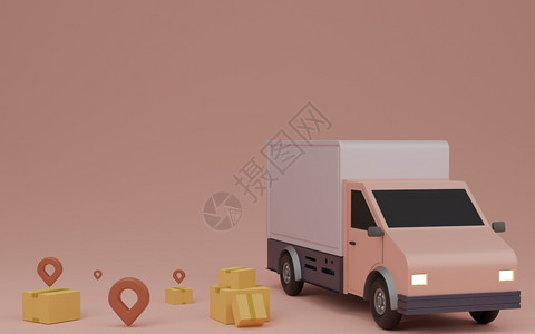 买即送地点技术递送交付服务概念送返家庭面包车棕色箱和3D插针设计图片