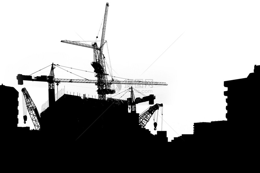 城市的Silhouette起重机建筑工业起重机建造技术塔图片