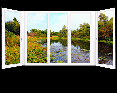绿色家俯视着夏季池塘窗口俯视着以夏季池塘的风景内部图片