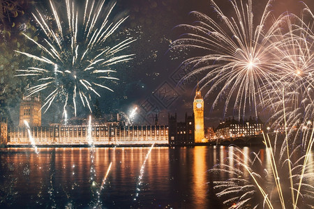 BigBen新年庆典的烟花英国伦敦庆祝展示活动图片