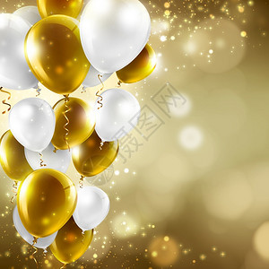 白金色气球边框插图抽象模糊灯光上的金色和白气球喜庆背景抽象的闪亮设计图片