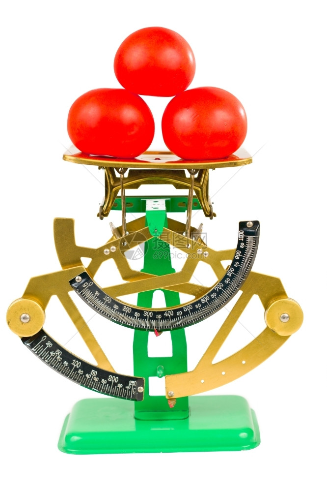 大量的措施金属3个西红柿在比例上图像来自前方和白孤立背景图片