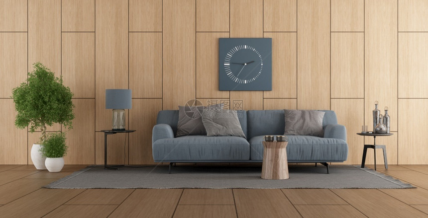 优雅的钟现代起居室用蓝色沙发对着木制面板3D三D让人在一个现代起居室用沙发做面板灰色的图片