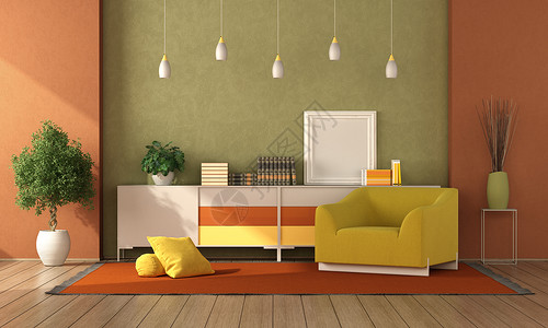 植物租摆在地毯和背景的边板上摆有黄色扶手椅的多彩客厅3D配有侧板和现代扶手椅的丰富多彩客厅公寓地面家具设计图片