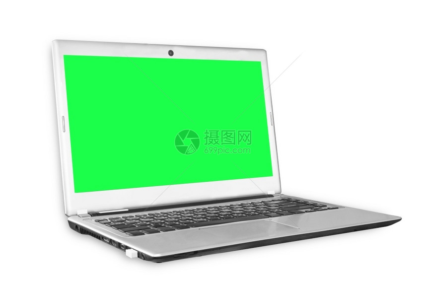 现代的上网本技术用绿色屏幕在白背景模拟时隔离的绿色笔记本电脑图片