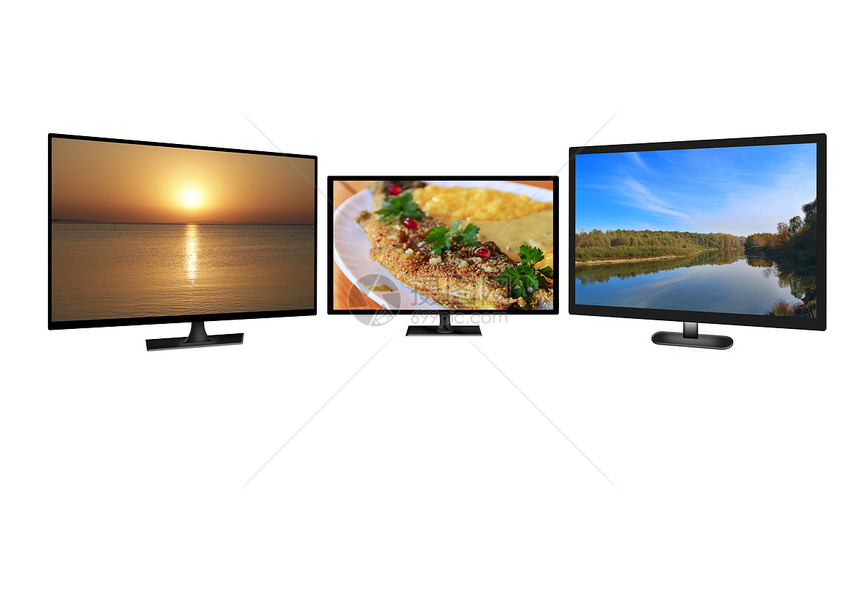 高的白色背景电视屏幕上孤立的电视监器显示在白色平面高定界电视上孤立的自然4k监测器图像和全HDTVLCD电视现代装置在白色背景上图片