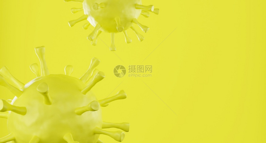 新冠黄色背景的冠状细胞3D抽象的呼吸图片