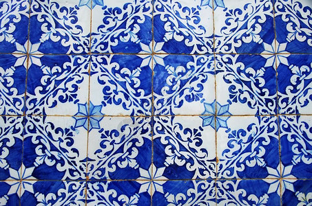 马赛克葡萄牙的旧蓝色瓷砖关闭的质地图片