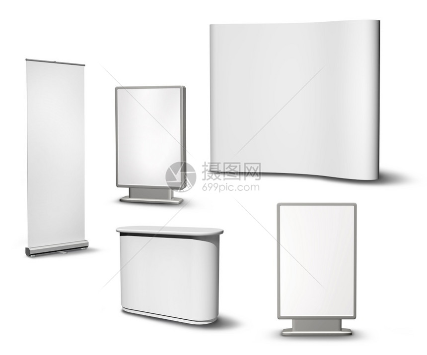 凹空的控制板一套白滚动海报广告牌公平办桌和白色背景的陈列板展览设备集锦墙壁图片