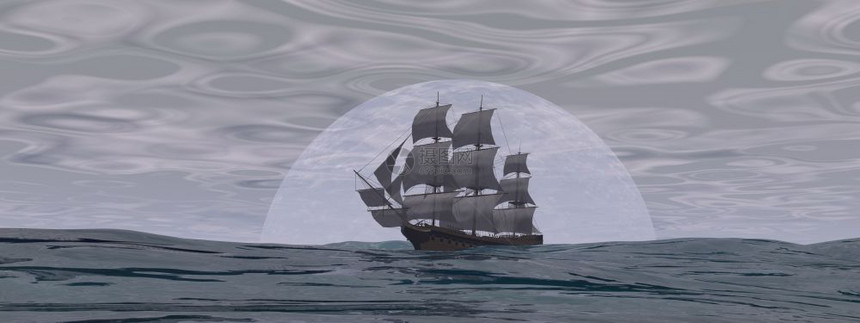 优质的古老旧商船在月亮前海洋上的月亮云雾一天3D变成旧商船3D老的图片