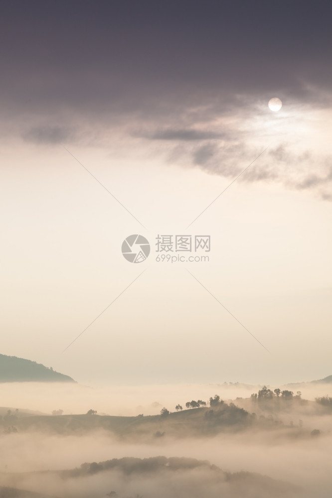 旅行日出雾在早晨覆盖山岳和林植物图片