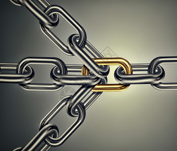 连锁链通过金接在光背景关联群体概念形象领导力概念团队精神3D设计上连接起来象征铁链条设计图片