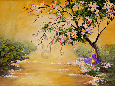 一张原创的丙烯香油画一幅美丽的南方贝铃坐在一棵盛开的树下金子创造力丙烯酸纤维背景图片