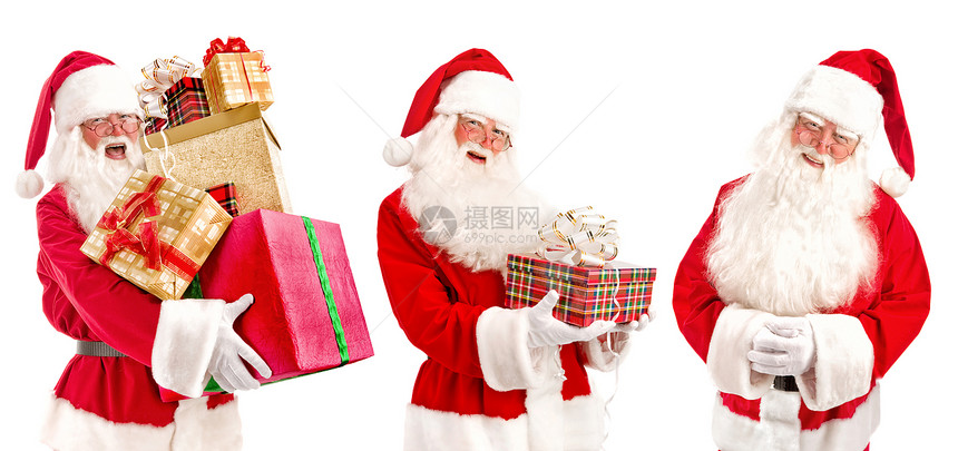 圣诞老人Costume的男人在圣克劳斯科波姆中的拼图与一个豪华白色胡子桑塔斯柯帽和红色服装许多圣诞礼物都印在白背景上情感假期冬天图片