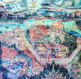 泰国清迈寺庙墙上泰国民俗Songthong的Mural绘画男人艺术河图片