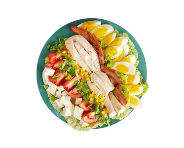 切碎的食物CobbSalad多彩的心菜沙拉配有培根鸡肉煮蛋玉米和健康图片