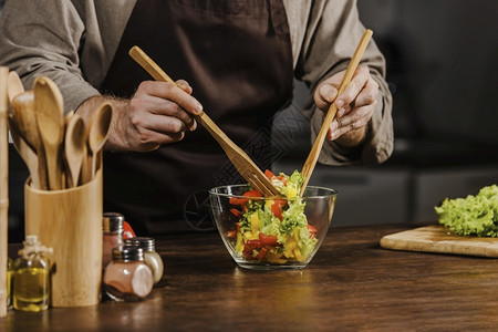 业务高的蔬菜清晰度照片中镜头厨师混杂沙拉成分优质照片美的图片