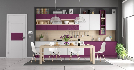现代白色和紫厨房配有木制餐桌3D制成现代白色和紫厨房木头渲染窗户图片