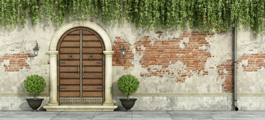 木制的人行道由门和石砖墙组成的古典外3D层入口图片