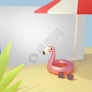 火烈鸟玩具3d铸造暑假沙滩伞空白标语设计卡模板火烈鸟生命环太阳眼镜白色的天空插图设计图片
