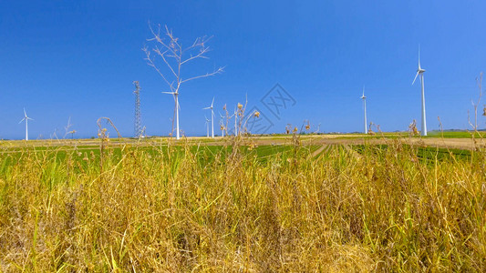 户外田野里的风力发电机射击高清图片素材