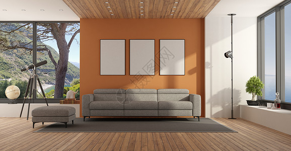 视窗休息室框架以大窗和灰沙发与橙色墙相对的客厅3天用大窗和灰色沙发作为客厅背景图片