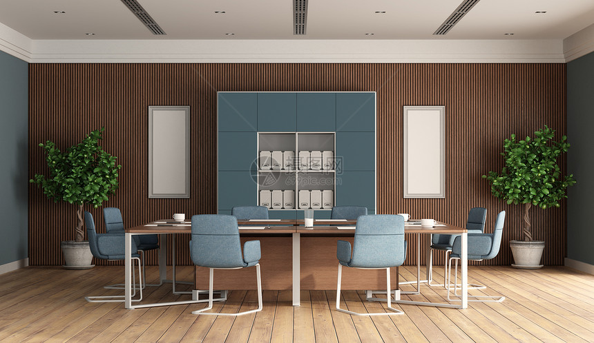 工作区现代会议室背景为桌办公椅和木板3d渲染现代会议室背景为蓝色家具和木板空气办公室图片