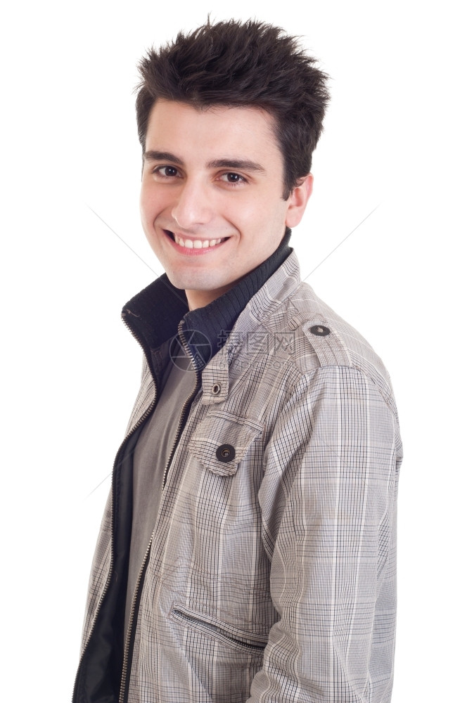 一个年轻英俊男子的时尚肖像穿着白色背景孤立的夹克时髦自信随意图片