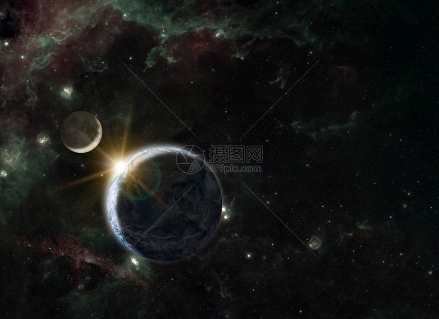 夜晚行星地球及其自然卫星月球的幻想构成其背景展示了美国航天局提供的这一图像中天鹅翼星座成象元素A宇宙航空和行瓜拉纳皮图片