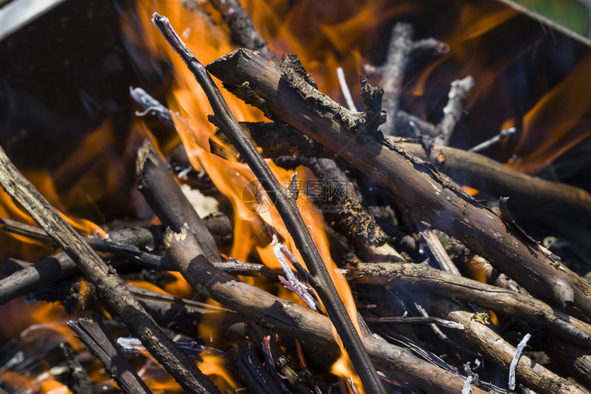 烧伤火炬营点燃烧饭时着中的树枝紧闭火点燃烧着的橙色火枝焰中的细条图片