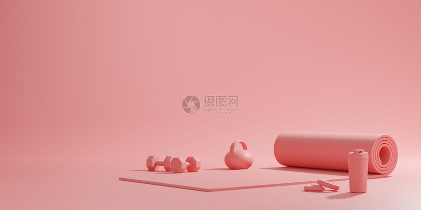 运动健身设备瑜伽垫水铃瓶粉红色女概念的哑铃3D活动合身小样图片