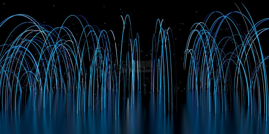 电脑蓝色的黑用灯光在反射面上跳跃形成的抽象组合物在黑色背景上以拱门的形式留下蓝色和绿线条的痕迹3D插图用蓝色灯光在反射面上跳跃形图片