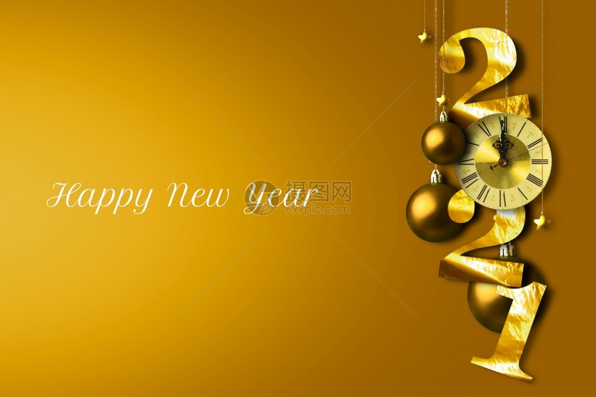 卡片颜色新年庆典理念快乐与球明星和古钟挂在金色背景上3D插图设计三维圣诞节图片