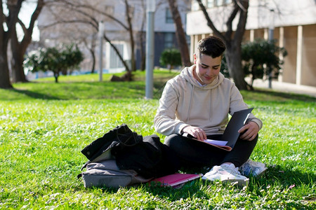 学生坐在学校草地上看书图片