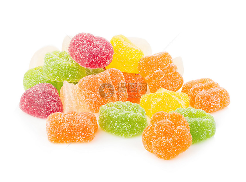 含糖的白色背景上隔绝的彩色果冻糖盒食物水图片