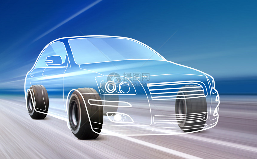 技术3D汽车插图例如高速路上的轮廓优胜者高图片