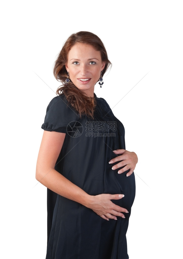 期待身穿黑色古老礼服的美丽孕妇在白色背景下被孤立美丽的未出生图片