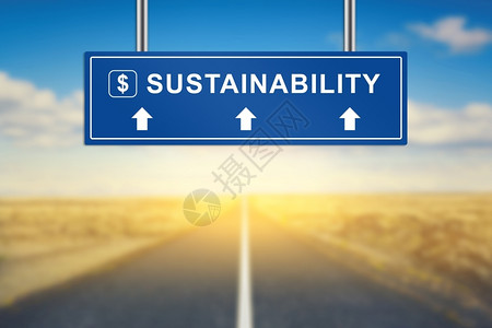 蓝色道路标志上具有可持续字词背景模糊温室想象环境图片