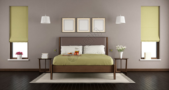 现代主卧室棕色和绿主卧室配有木制床和两扇窗户3D建筑学房间地面图片