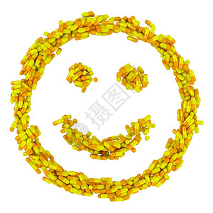 由许多黄药丸和健康概念带来的快乐笑容积极情感治疗图片