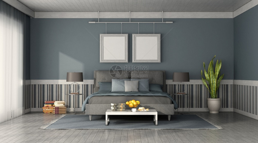 框架地毯蓝色和灰双床的现代卧室前视线3D为前沿对现代卧室的视图图片