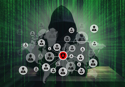 偷窃网络空间黑客攻击抽象的程序员黑客在笔记本代码前工作与人们的图标一起工作于半夜从屏幕上喷出设计图片