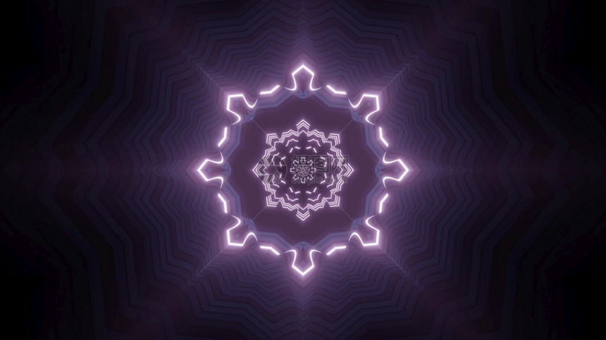 在黑暗中闪亮的紫虹线边界抽象花形隧道灰色太阳花3D插图背景说明白月花3d插图背景使成为幻想氖图片