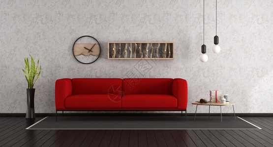 带有红色沙发和深黑木制地板的小型客厅3D地面咖啡渲染图片