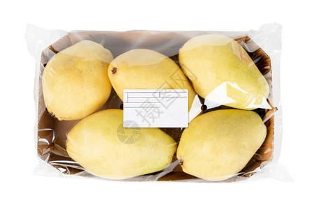 水果签自然以孤立白底色背景包装和贴有标签的黄梨新鲜水果背景