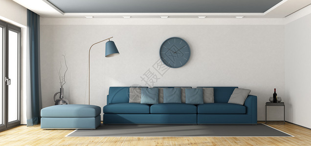 现代的蓝色沙发在一个白客厅里3D翻接窗帘房间图片