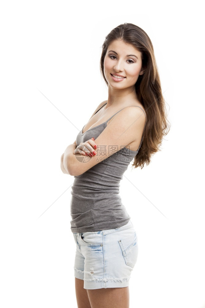 自信的一位美丽年轻女士片场肖像笑着微孤立在白色上吸引人的们图片