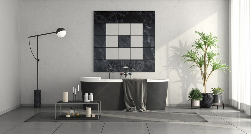 装饰风格地毯房间使用优雅的浴缸3D洗手间使最起码的黑人和白洗手间图片